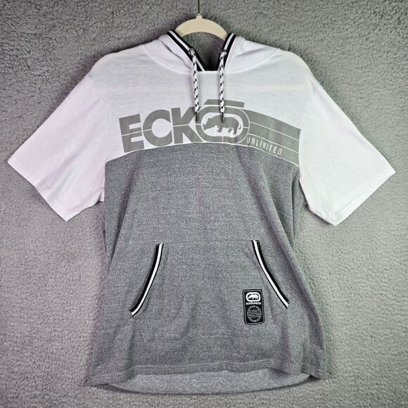 Ecko Unltd Short Sleeve Hoodie Medium Gray White Streetwear Pullover Colorblock - Picture 1 of 10